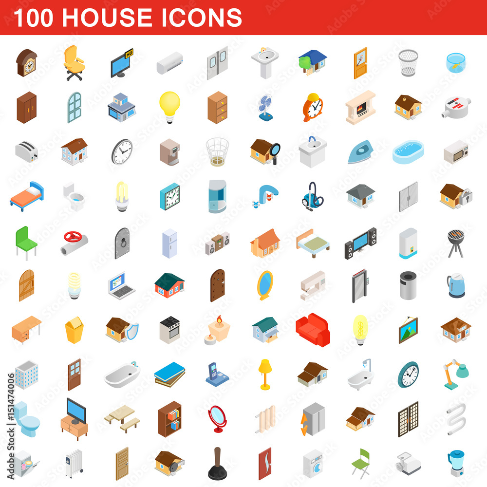 100 house icons set, isometric 3d style 100 house icons set, isometric 3d style