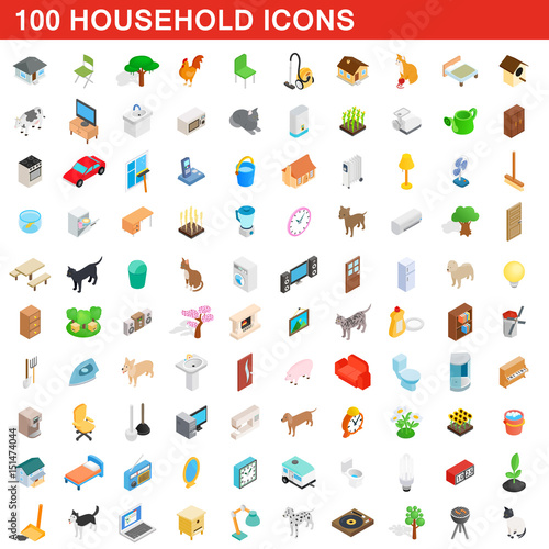 100 household icons set, isometric 3d style