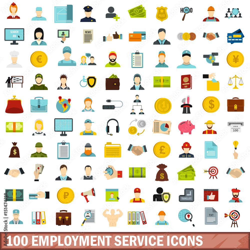 100 employment service icons set, flat style 100 employment service icons set, flat style