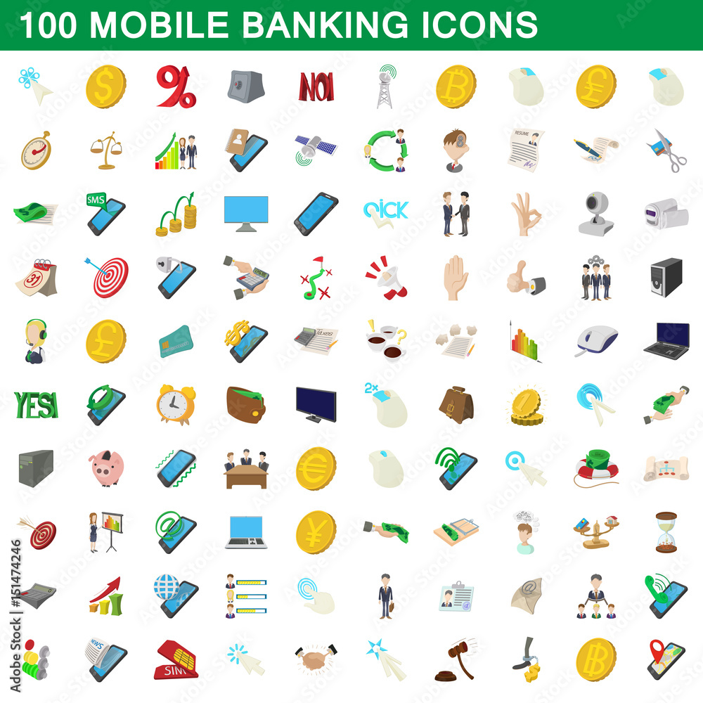 100 mobile banking icons set, cartoon style 100 mobile banking icons set, cartoon style
