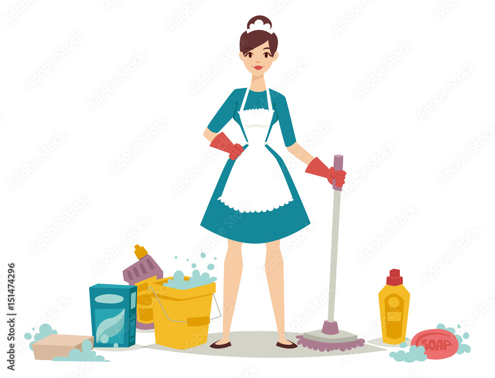 Fototapeta premium Housewife girl homemaker cleaning pretty girl wash cleanser chemical housework product equipment vector.