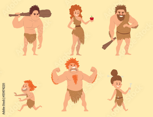 Caveman primitive stone age cartoon neanderthal people character evolution vector illustration.