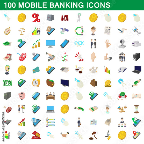100 mobile banking icons set, cartoon style