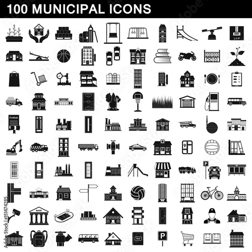 100 municipal icons set, simple style photo
