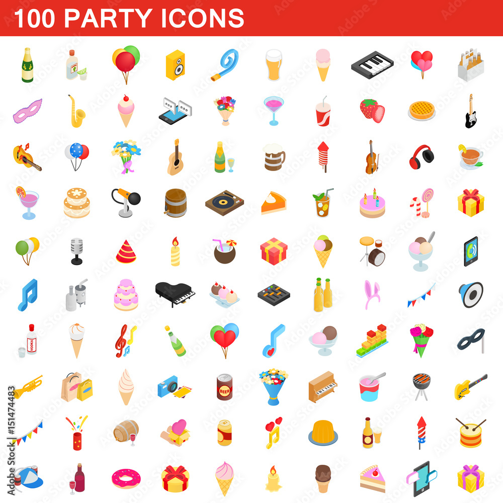 100 party icons set, isometric 3d style - obrazy, fototapety, plakaty 