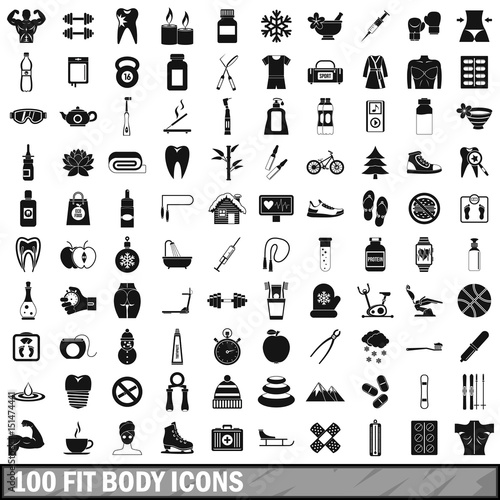 100 fit body icons set, simple style 