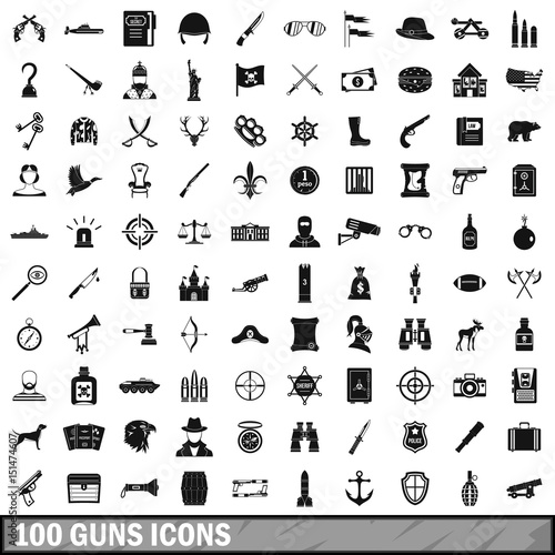 100 guns icons set, simple style 