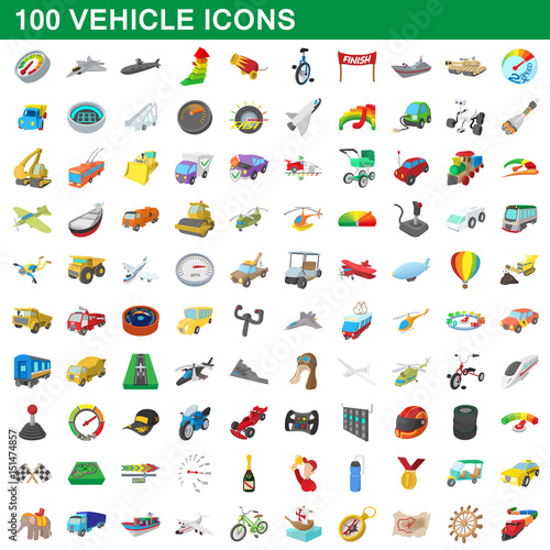 100 vehicle icons set, cartoon style