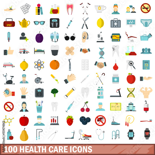 100 health care icons set, flat style
