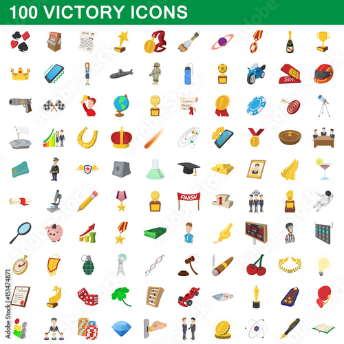 100 victory icons set  cartoon style