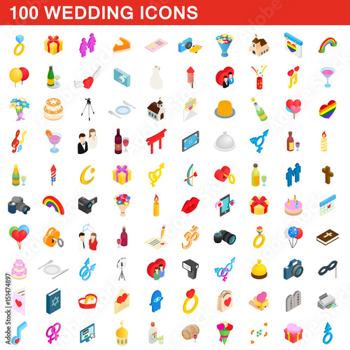 100 wedding icons set, isometric 3d style