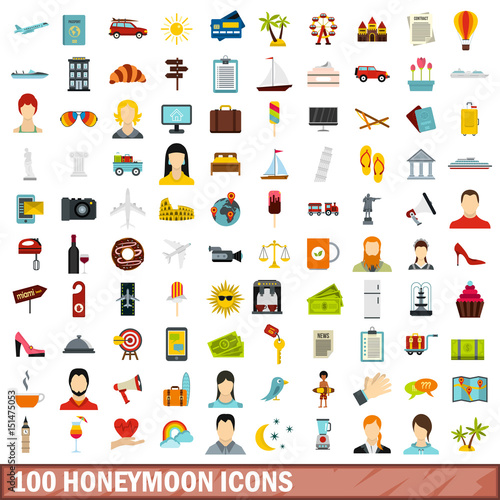 100 honeymoon icons set, flat style
