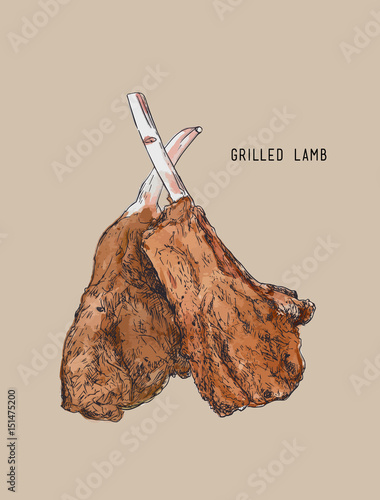 vector lamb chops hand drawing .detailed ink food illustration
