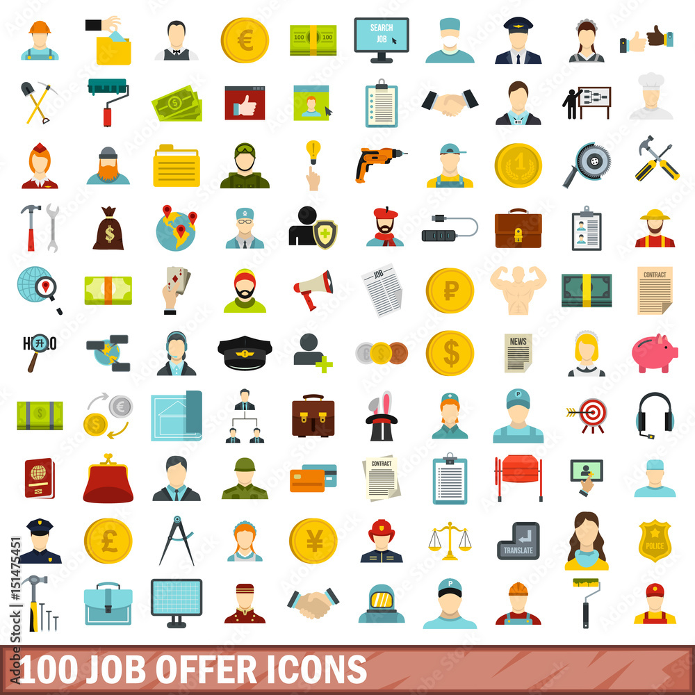 100 job offer icons set, flat style 100 job offer icons set, flat style