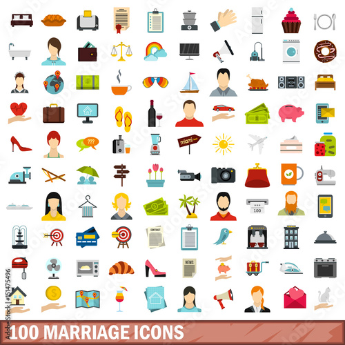 100 marriage icons set, flat style