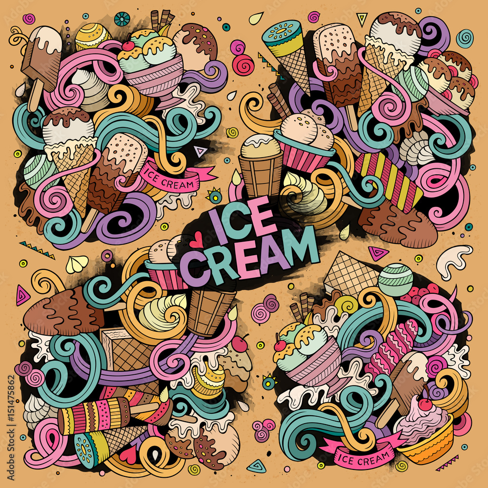 Vector doodle cartoon set of ice-cream doodle designs