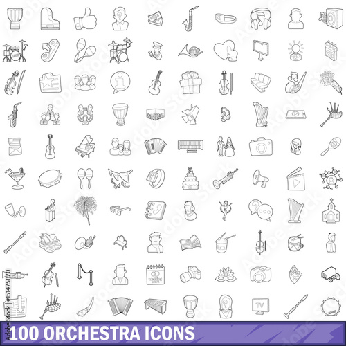 100 orchestra icons set, outline style