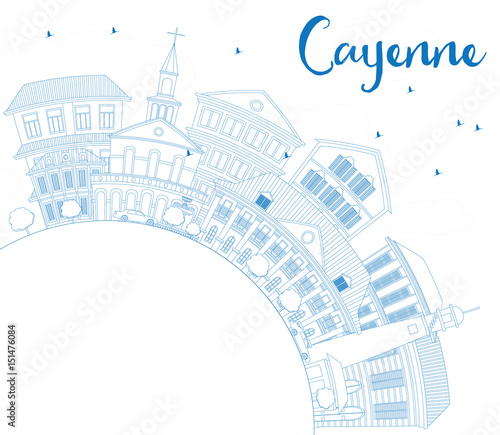 Outline Cayenne Skyline with Blue Buildings and Copy Space.