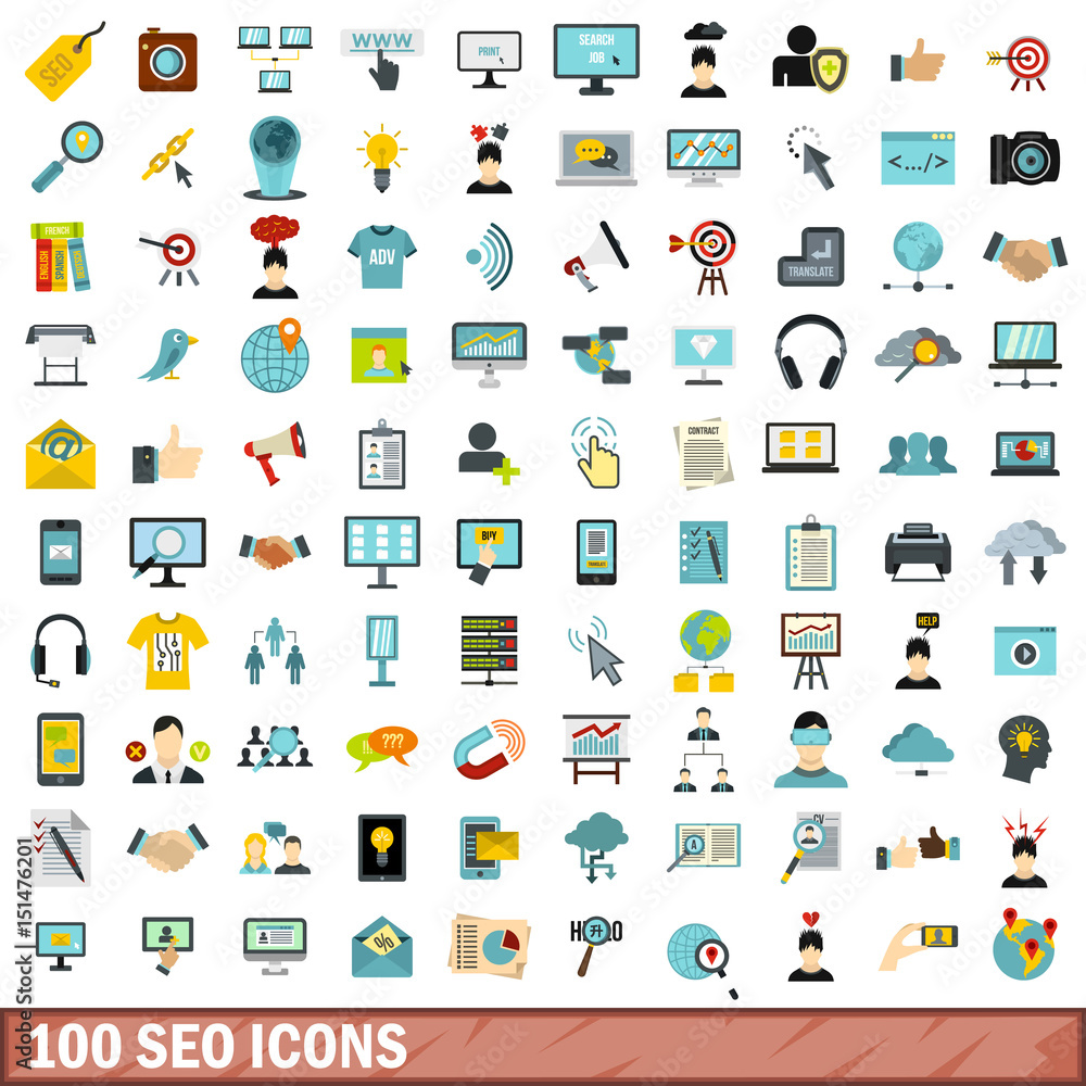 100 seo icons set, flat style 100 seo icons set, flat style