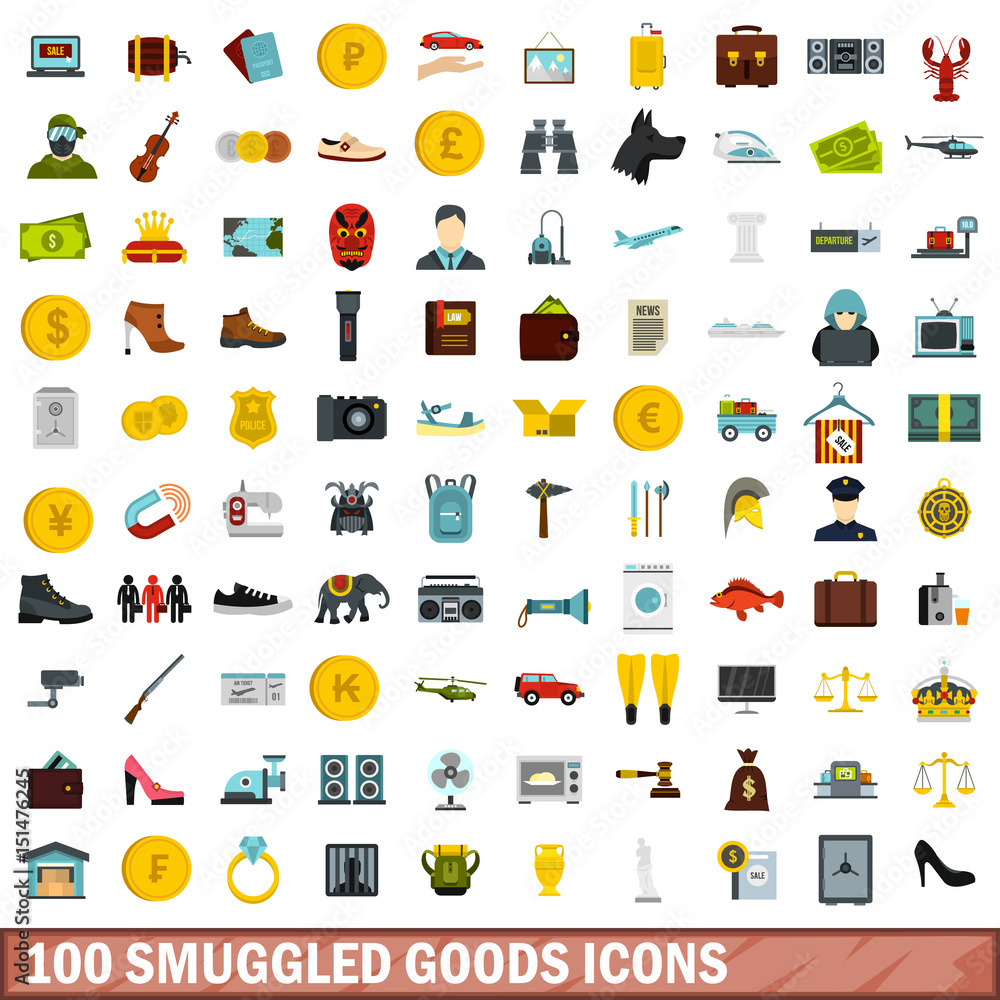 100 smuggled goods icons set, flat style 100 smuggled goods icons set, flat style