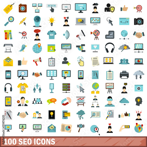 100 seo icons set, flat style
