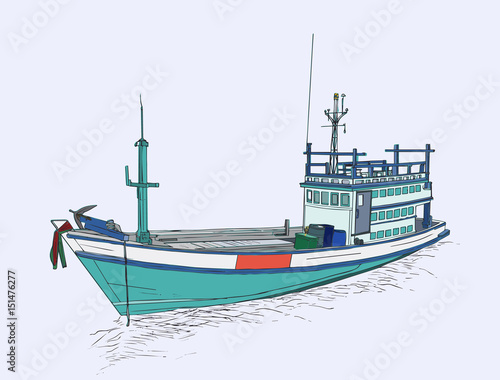 Drawing of fishing trawler at the sea , sketch vector.