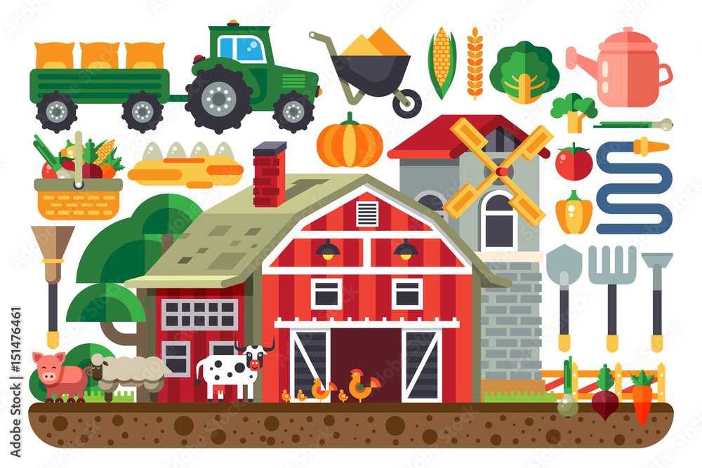 Fototapeta premium Stock vector illustration set of icons for farm business, house, tractor, tools, artiodactyls, cloven-hoofed domestic animals, crib, barn, chicken, pig, cow, sheep, mill flat style