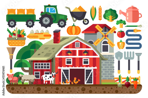 Stock vector illustration set of icons for farm business, house, tractor, tools, artiodactyls, cloven-hoofed domestic animals, crib, barn, chicken, pig, cow, sheep, mill flat style
