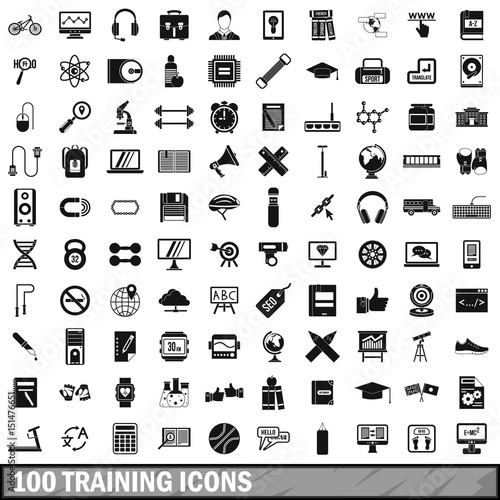 100 training icons set, simple style 