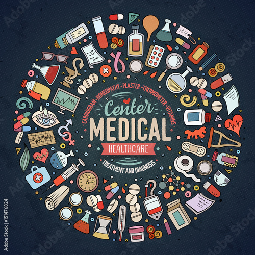 Vector set of Medical cartoon doodle objects