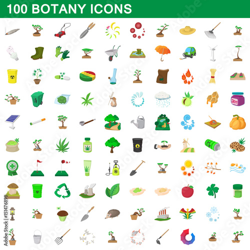 100 botany icons set, cartoon style