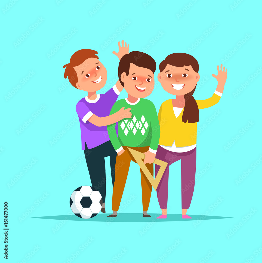 Vector illustration group happy school boy and girl in classroom in cartoon style on blue background. The concept of friendship, school life, education Vector illustration group happy school boy and girl in classroom in cartoon style on blue background. The concept of friendship, school life, education