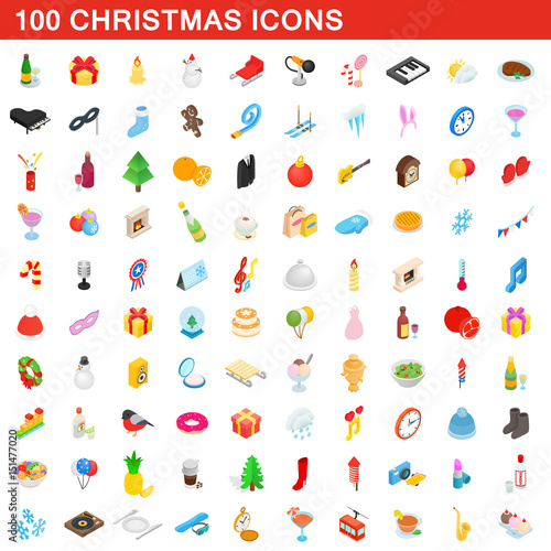 100 christmas icons set, isometric 3d style