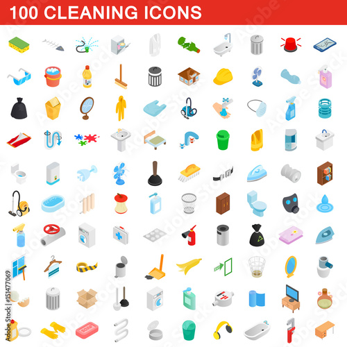 100 cleaning icons set, isometric 3d style