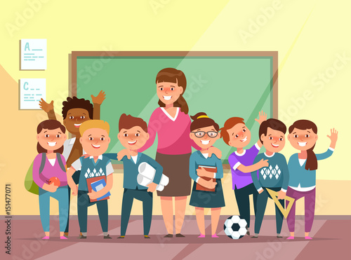Vector illustration group elementary school boy and girl and teacher in classroom in cartoon style. The design concept postcard for teachers ' day