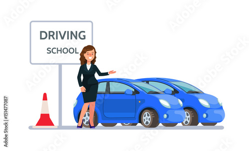 Vector illustration of happy young man siting in red driving school car outdoor in flat style