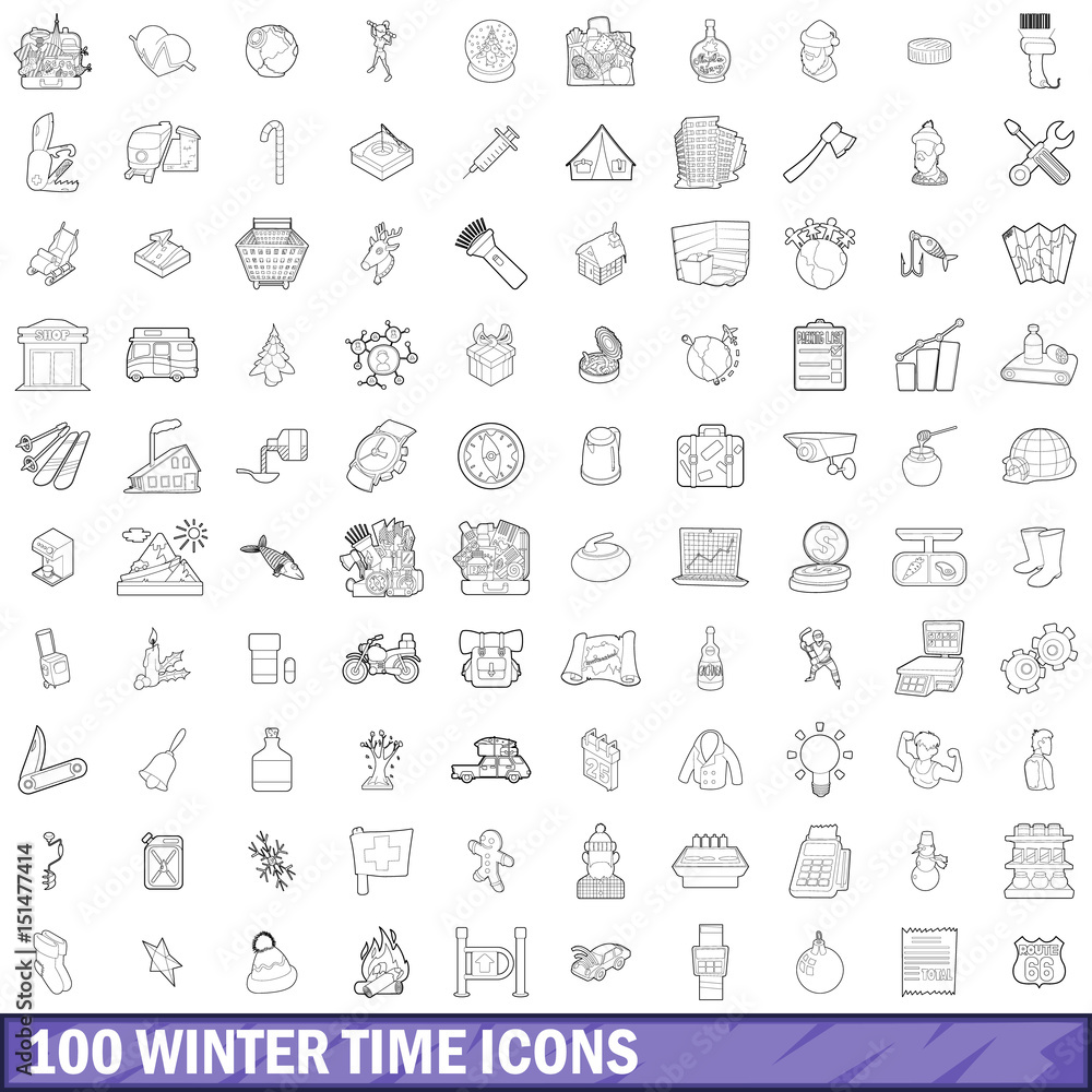 100 winter time icons set, outline style 100 winter time icons set, outline style