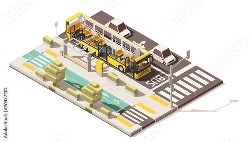 Vector isometric low poly bus on the bus lane