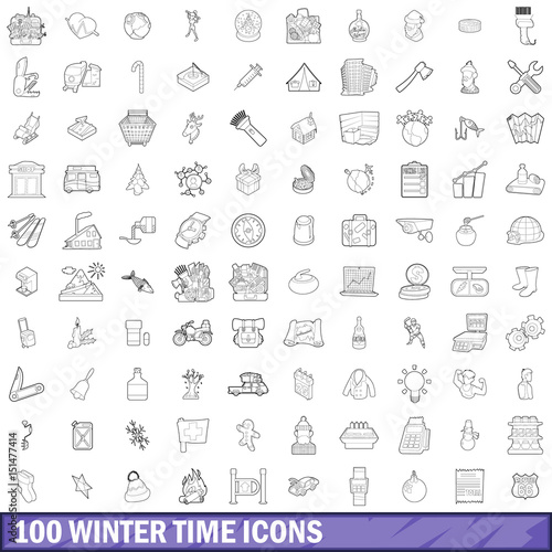 100 winter time icons set, outline style