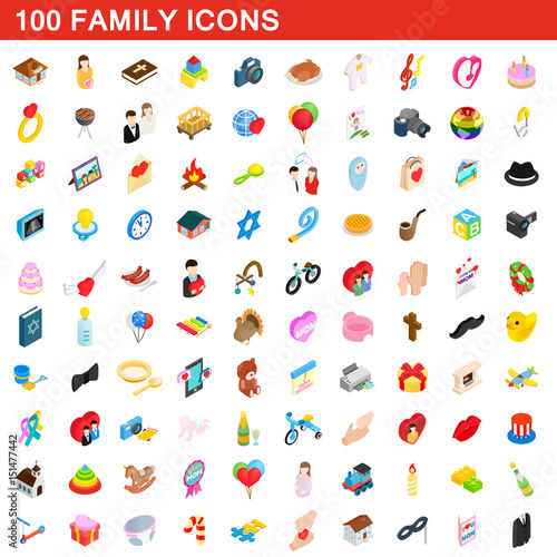 100 family icons set, isometric 3d style