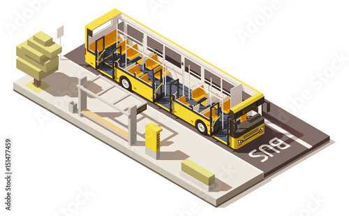 Vector isometric low poly bus near the bus stop