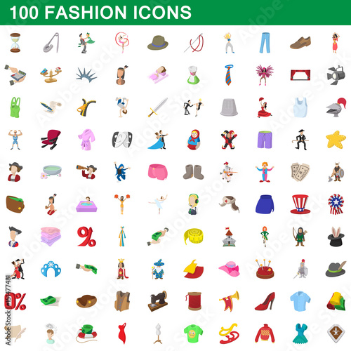 100 fashion icons set, cartoon style