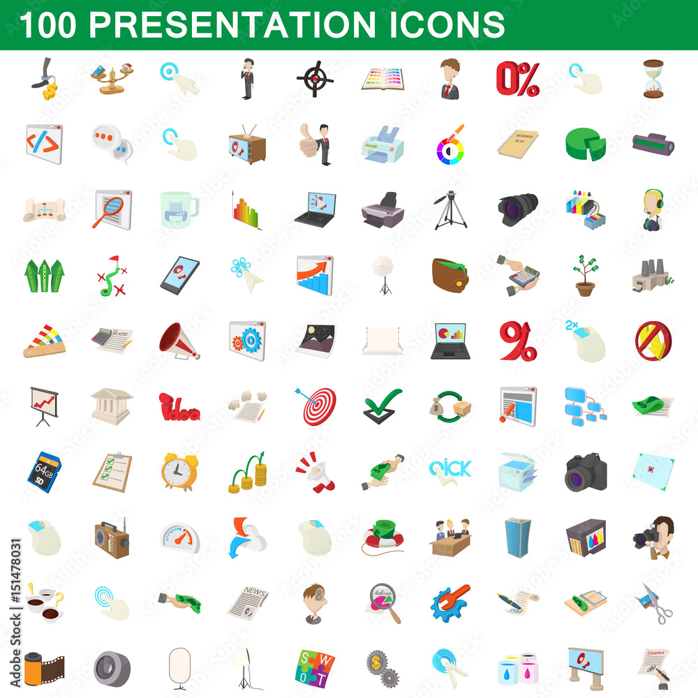 Naklejka premium 100 presentation icons set, cartoon style