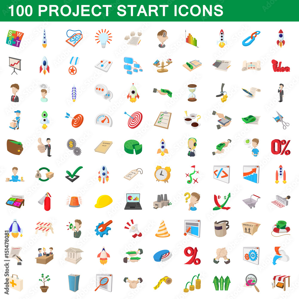 Fototapeta premium 100 project start icons set, cartoon style