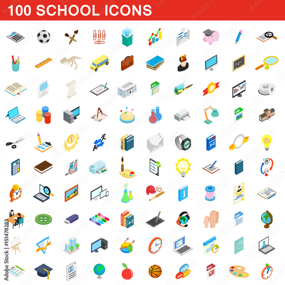 100 school icons set, isometric 3d style 100 school icons set, isometric 3d style