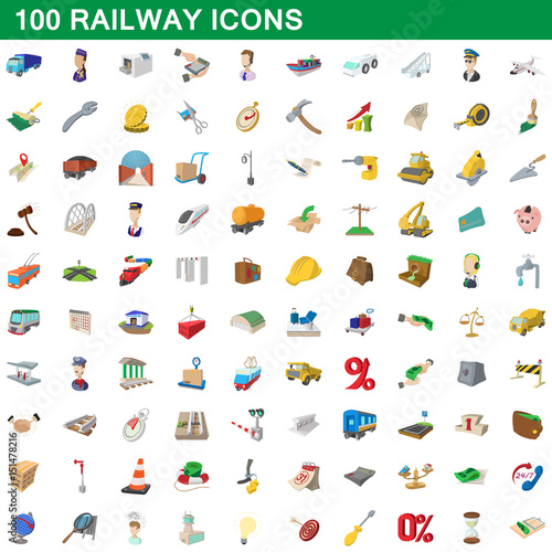 100 railway icons set, cartoon style