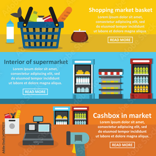 Supermarket banner horizontal set, flat style