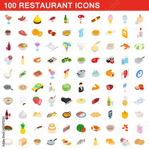 Fototapeta Naklejka Na Ścianę i Meble -  100 restaurant icons set, isometric 3d style