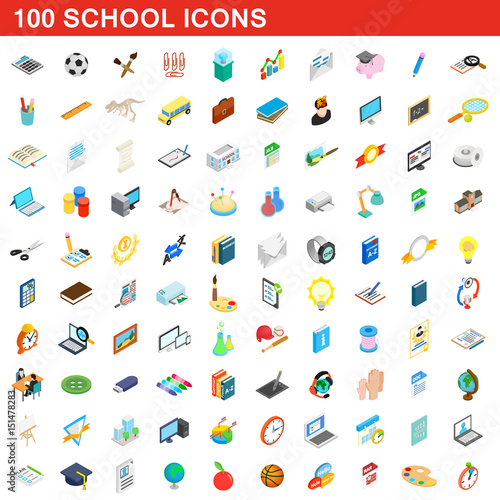 100 school icons set, isometric 3d style