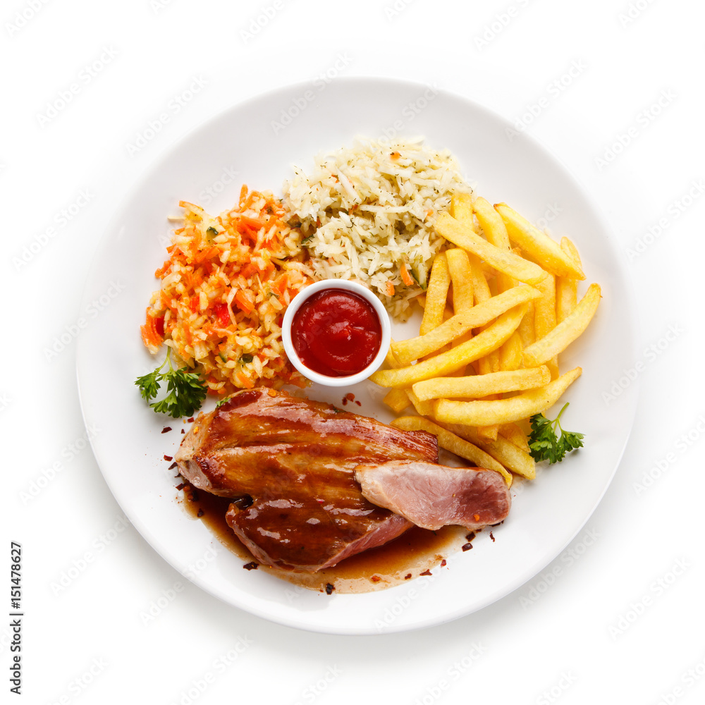 Grilled steak with french fries on white background Grilled steak with french fries on white background